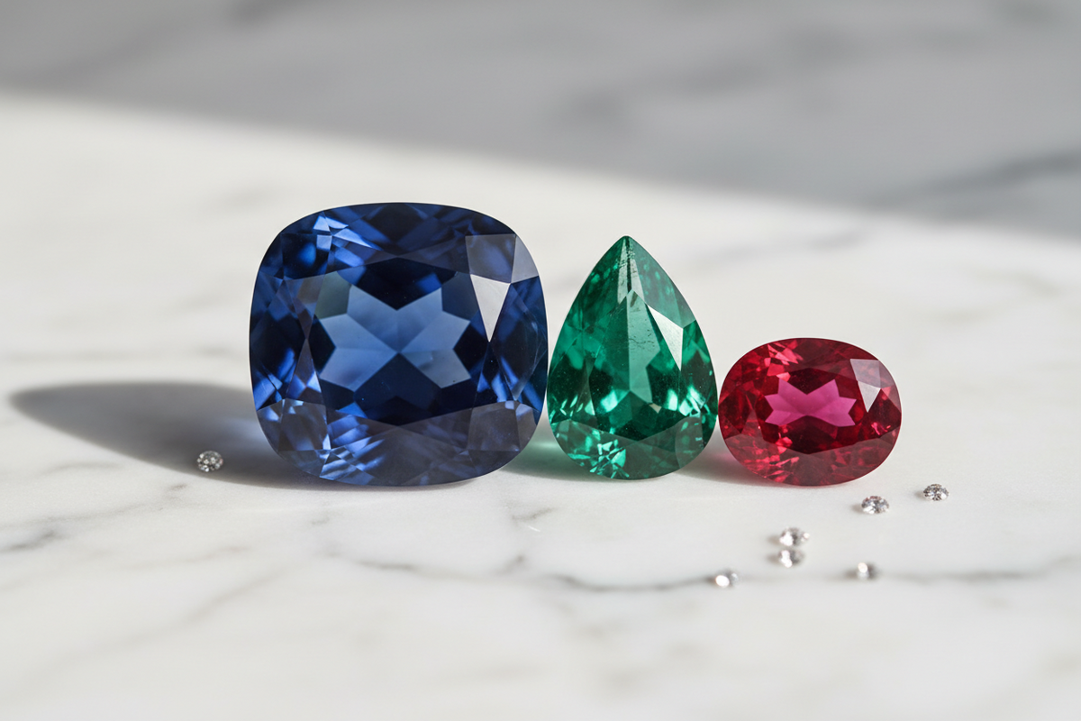 Illustration of a blue crystal boule being pulled above five faceted colored gemstones