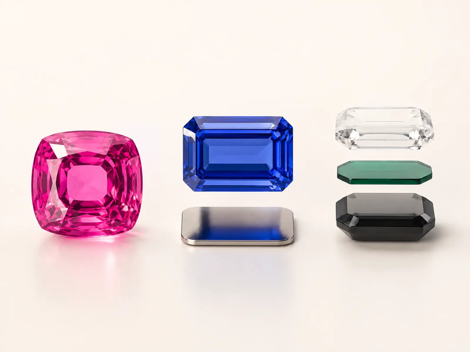 Coated gemstone, foil-backed stone and triplet construction shown side by side