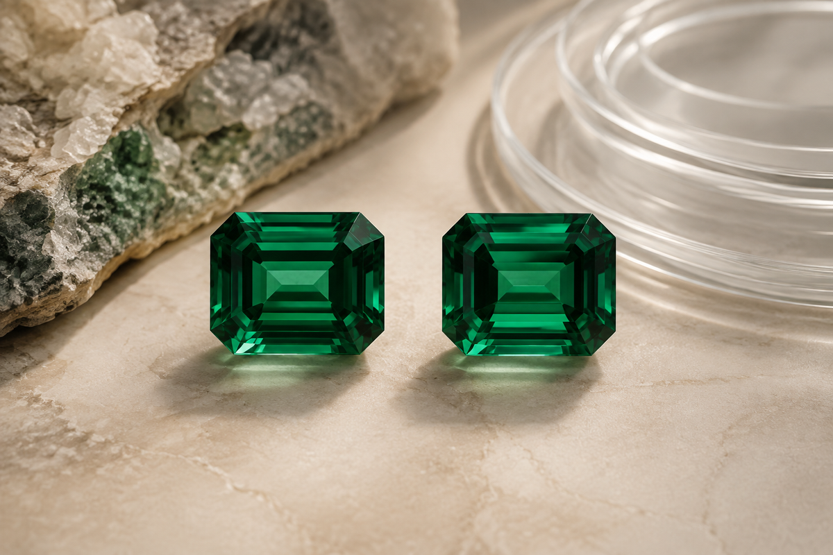 Two emerald-cut green gemstones beside natural mineral and laboratory crystal-growth cues