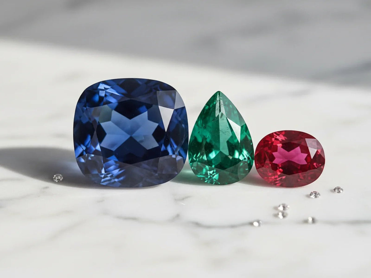 Blue, green and red lab-grown gemstones shown as faceted loose stones
