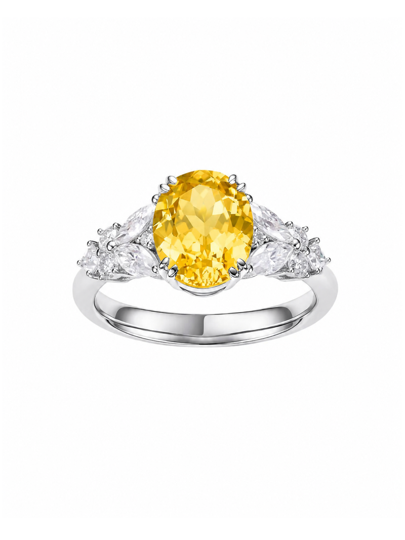 LYRA yellow oval lab-grown gemstone ring with a cluster of colorless moissanite accents