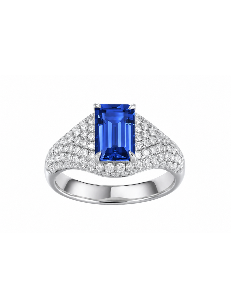 Hot pink sapphire emerald-cut ring with hand-set setting detail view showcasing the jewelry design and finish
