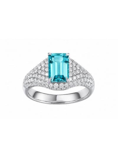 Yellow emerald-cut ring with hand-set setting detail view showcasing the jewelry design and finish