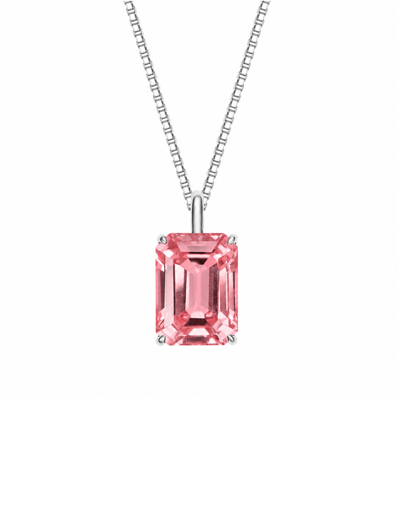 Sapphire emerald-cut necklace with hand-set setting detail view showcasing the jewelry design and finish