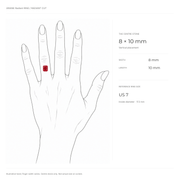 ARIANE radiant-cut three-stone ring size guide showing center stone proportions on a hand