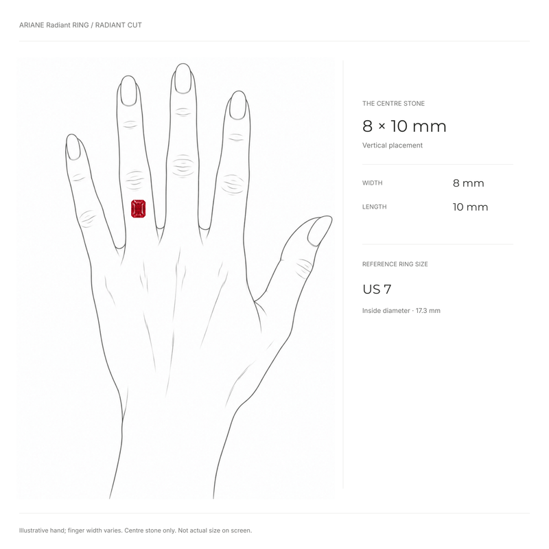 ARIANE radiant-cut three-stone ring size guide showing center stone proportions on a hand