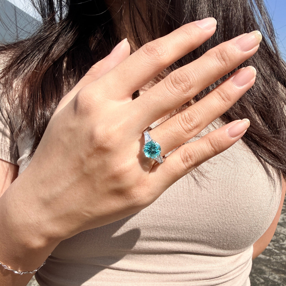 ARIANE Round-Cut Three-Stone Paraiba-Hued YAG Ring