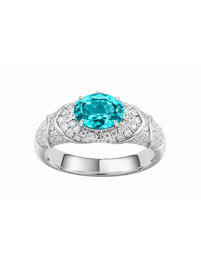 AUREL turquoise-blue east-west oval lab-grown gemstone ring with moissanite pav¨¦ in a silver-tone setting, front view.