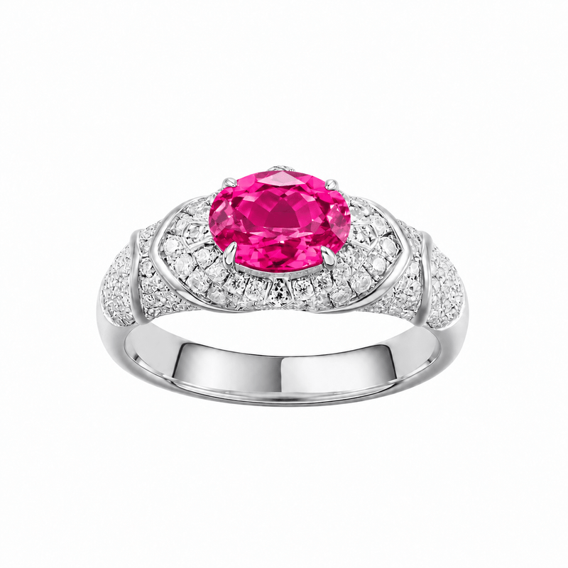 Oval-cut ring with hand-set setting detail view showcasing the jewelry design and finish