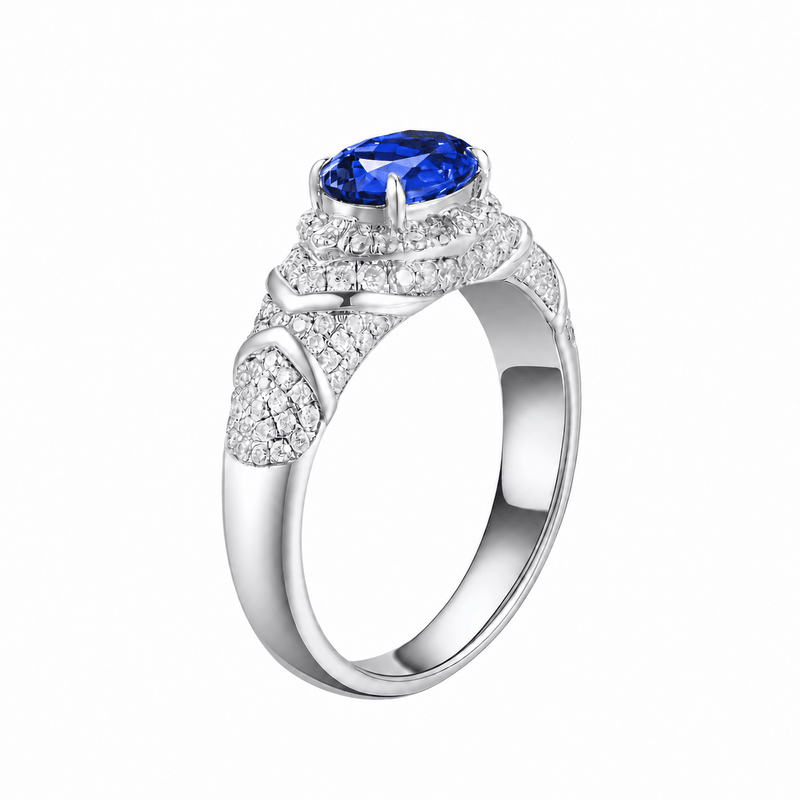 Oval-cut ring with hand-set setting detail view showcasing the jewelry design and finish
