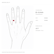 AUREL east-west oval ring size guide showing center stone proportions on a hand