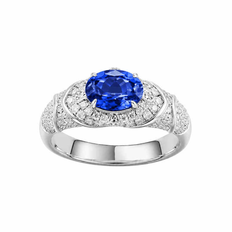 Oval-cut ring with hand-set setting detail view showcasing the jewelry design and finish