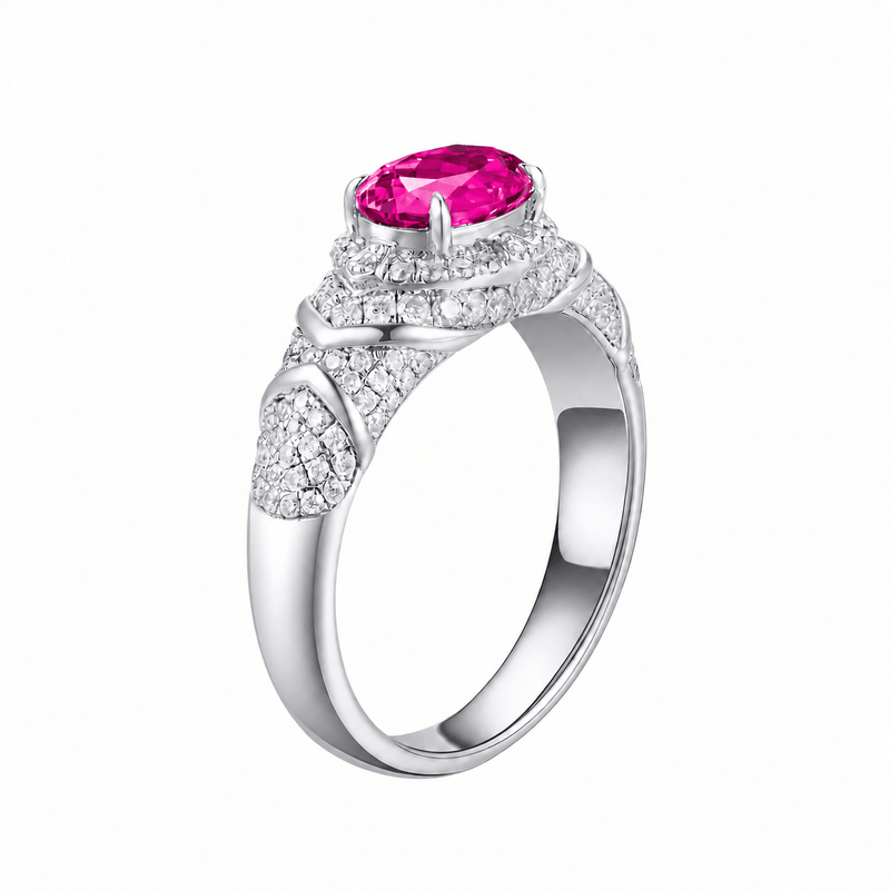 Oval-cut ring with hand-set setting detail view showcasing the jewelry design and finish