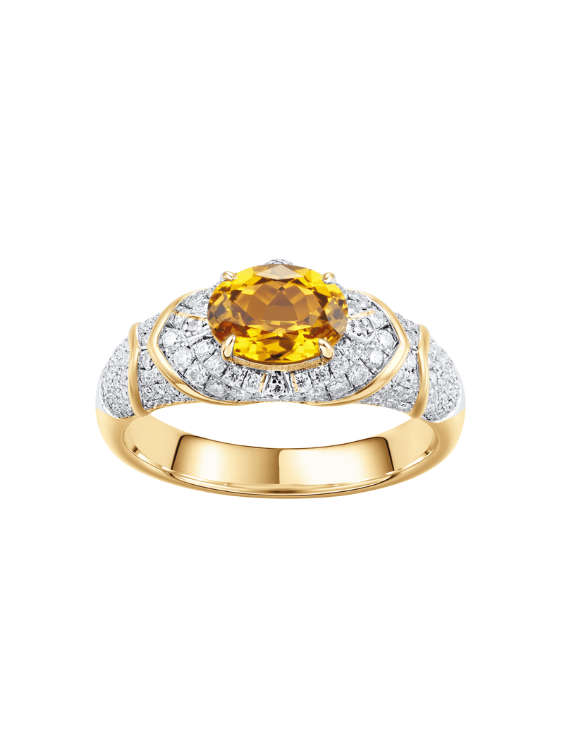 AUREL yellow east-west oval lab-grown gemstone ring with moissanite pav¨¦ in a gold-tone setting, front view.