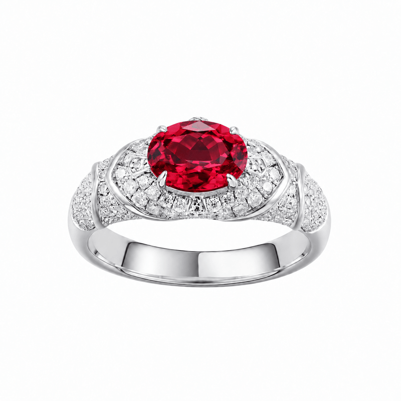 Royal blue sapphire oval-cut ring with hand-set setting detail view showcasing the jewelry design and finish