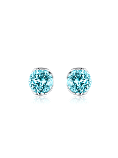 CIRA round blue-green lab-grown gemstone semi-bezel stud earrings, front view
