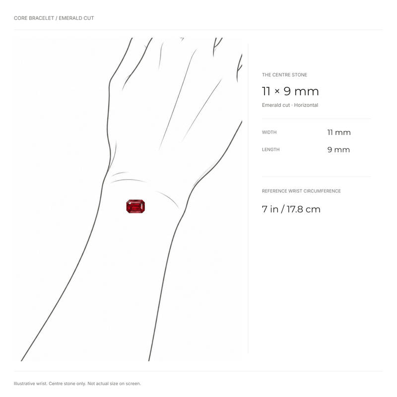 C?UR LAC bracelet size guide showing center stone proportions and bracelet length