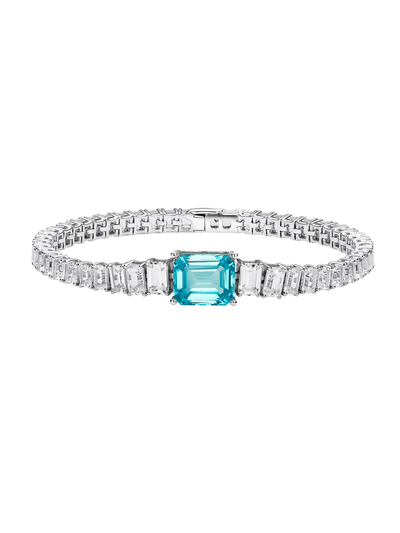 Sapphire emerald-cut tennis bracelet with hand-set setting detail view showcasing the jewelry design and finish