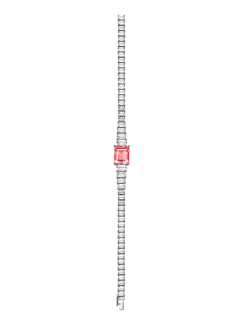 Ruby emerald-cut tennis bracelet with hand-set setting detail view showcasing the jewelry design and finish