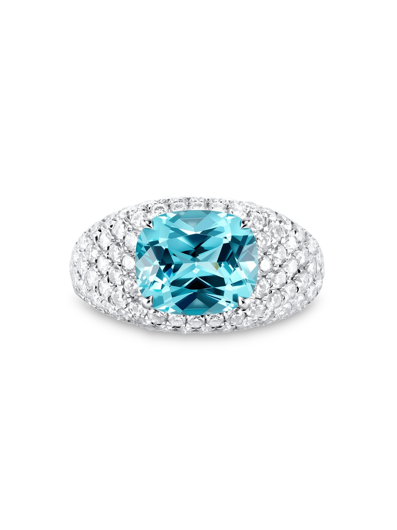 Royal blue sapphire cushion-cut ring with hand-set setting detail view showcasing the jewelry design and finish