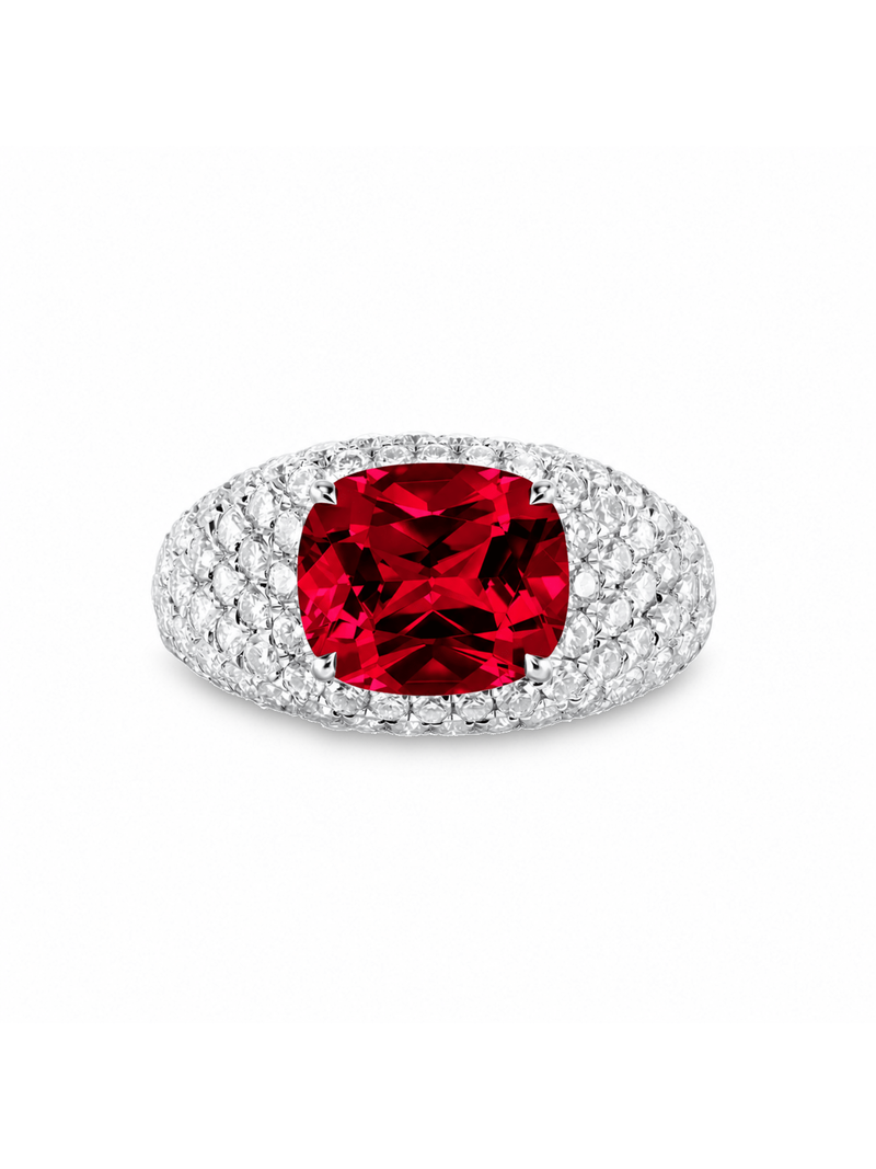 Padparadscha cushion-cut ring with hand-set setting detail view showcasing the jewelry design and finish