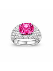 Ruby cushion-cut ring with hand-set setting detail view showcasing the jewelry design and finish