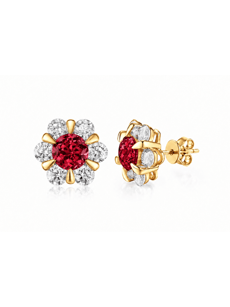 FLEUR red round lab-grown gemstone floral studs with moissanite petals in a gold-tone setting, front and side view