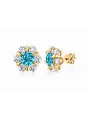 FLEUR blue-green round lab-grown gemstone floral studs with moissanite petals in a gold-tone setting, front and side view