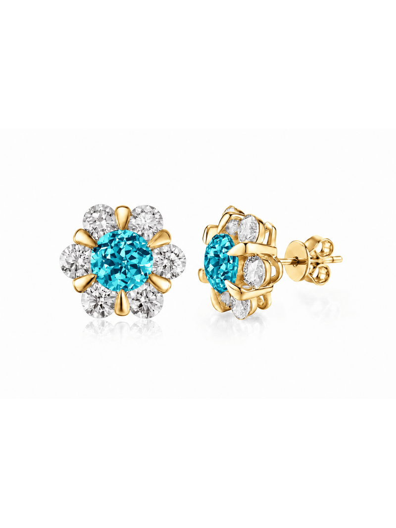 FLEUR blue-green round lab-grown gemstone floral studs with moissanite petals in a gold-tone setting, front and side view
