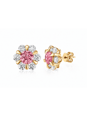 FLEUR peach-pink round lab-grown gemstone floral studs with moissanite petals in a gold-tone setting, front and side view