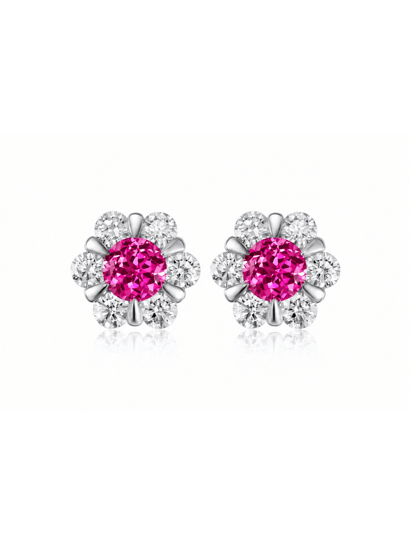 FLEUR hot pink round lab-grown gemstone floral studs with moissanite petals in a silver-tone setting, front view