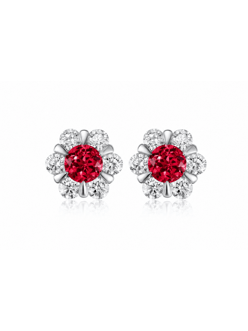 FLEUR red round lab-grown gemstone floral studs with moissanite petals in a silver-tone setting, front view