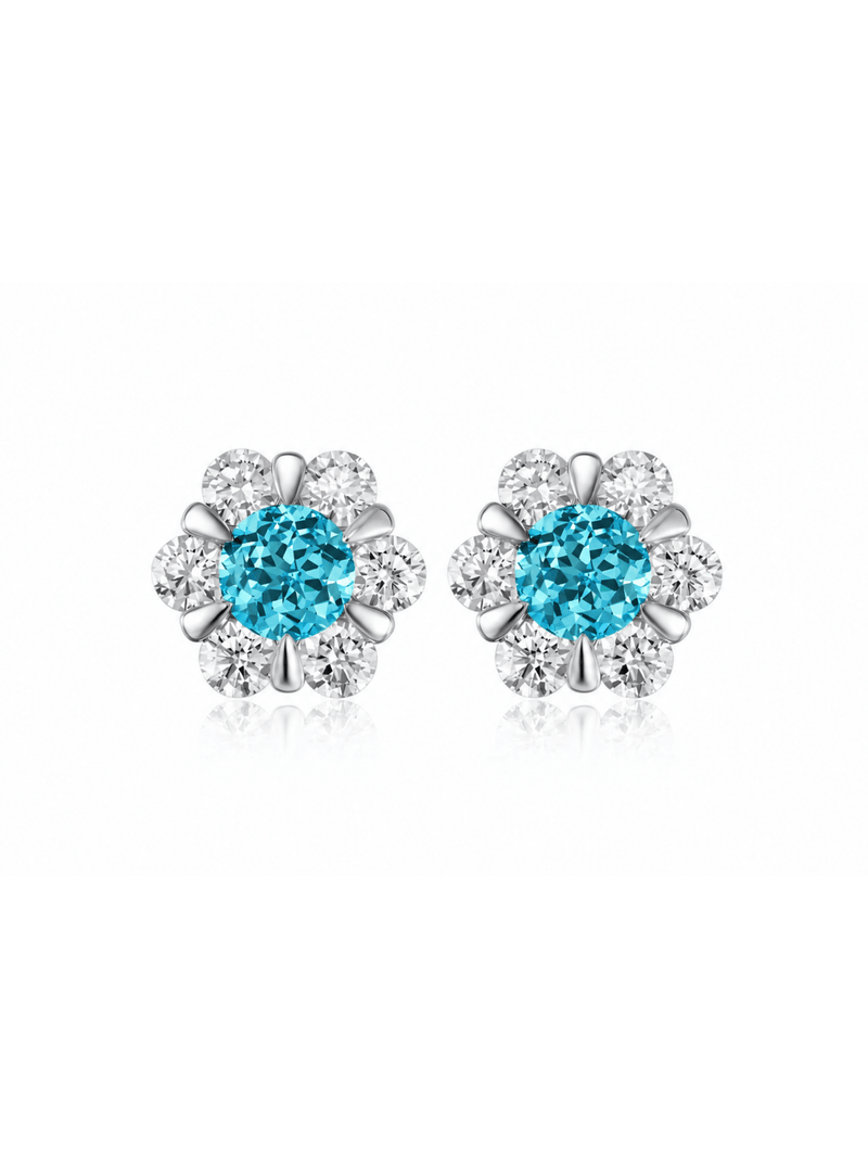 FLEUR blue-green round lab-grown gemstone floral studs with moissanite petals in a silver-tone setting, front view