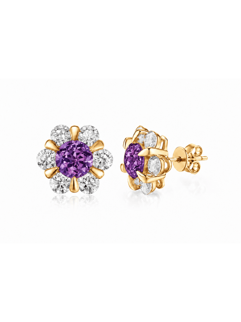 FLEUR purple round lab-grown gemstone floral studs with moissanite petals in a gold-tone setting, front and side view