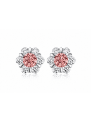 FLEUR peach-pink round lab-grown gemstone floral studs with moissanite petals in a silver-tone setting, front view