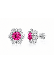 FLEUR hot pink round lab-grown gemstone floral studs with moissanite petals in a silver-tone setting, front and side view