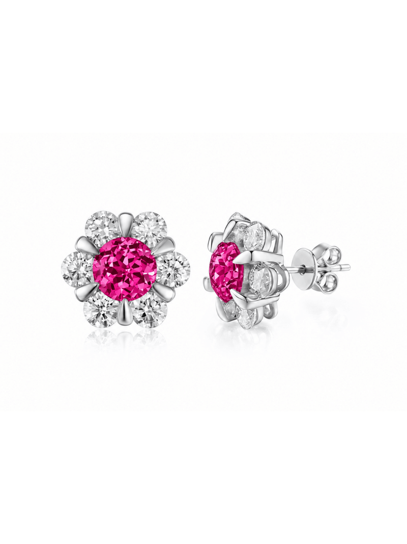 FLEUR hot pink round lab-grown gemstone floral studs with moissanite petals in a silver-tone setting, front and side view