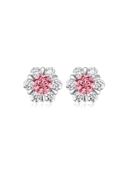 FLEUR peach-pink round lab-grown gemstone floral studs with moissanite petals in a silver-tone setting, front view