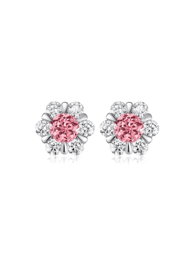 FLEUR peach-pink round lab-grown gemstone floral studs with moissanite petals in a silver-tone setting, front view