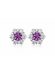 FLEUR purple round lab-grown gemstone floral studs with moissanite petals in a silver-tone setting, front view