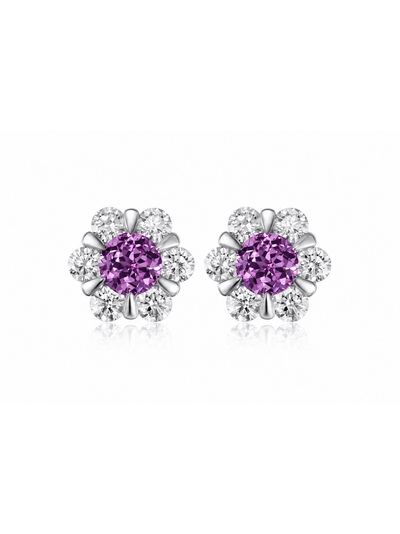 FLEUR purple round lab-grown gemstone floral studs with moissanite petals in a silver-tone setting, front view