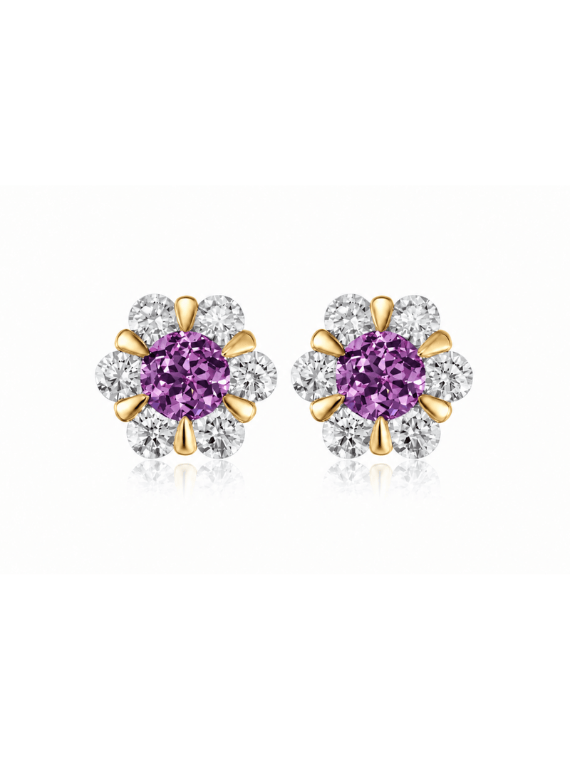 FLEUR purple round lab-grown gemstone floral studs with moissanite petals in a gold-tone setting, front view