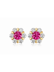 FLEUR hot pink round lab-grown gemstone floral studs with moissanite petals in a gold-tone setting, front view