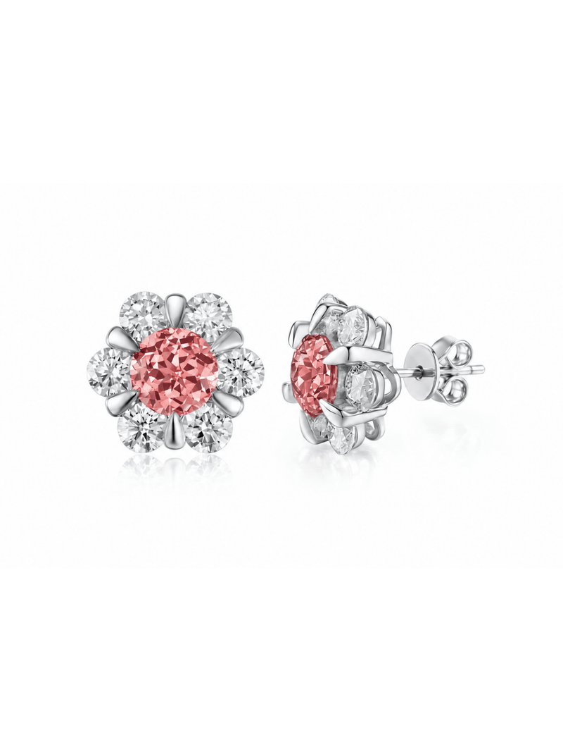 FLEUR peach-pink round lab-grown gemstone floral studs with moissanite petals in a silver-tone setting, front and side view
