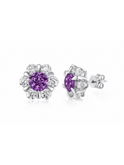 FLEUR purple round lab-grown gemstone floral studs with moissanite petals in a silver-tone setting, front and side view