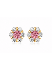 FLEUR peach-pink round lab-grown gemstone floral studs with moissanite petals in a gold-tone setting, front view