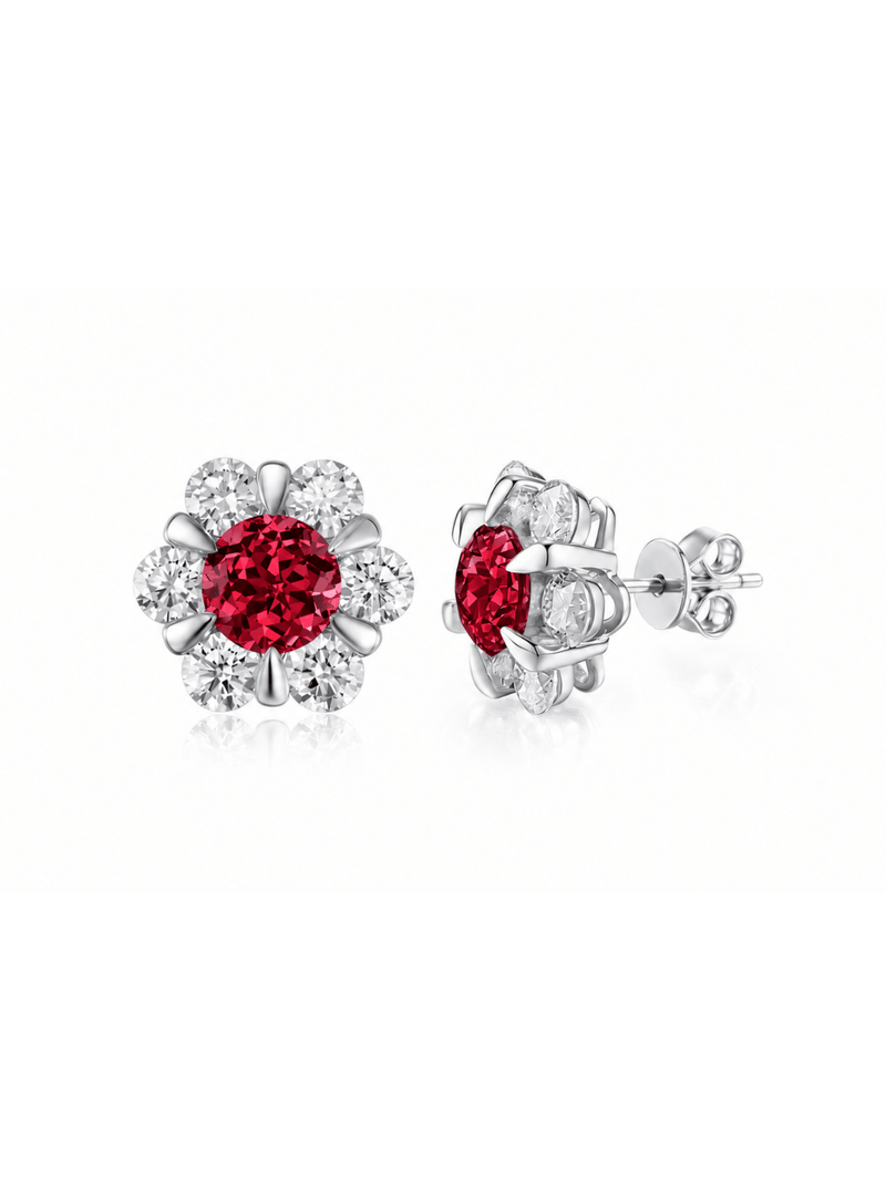 FLEUR red round lab-grown gemstone floral studs with moissanite petals in a silver-tone setting, front and side view