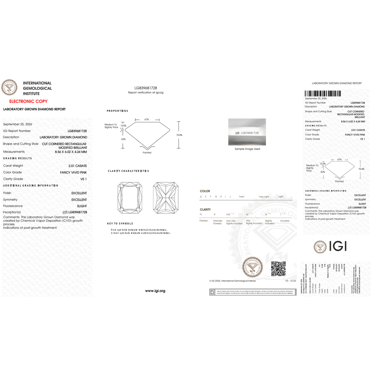 Complete original IGI report LG839681728 for a 2.01 ct Fancy Vivid Pink VS1 radiant-cut lab-grown diamond, centered on a square white canvas.