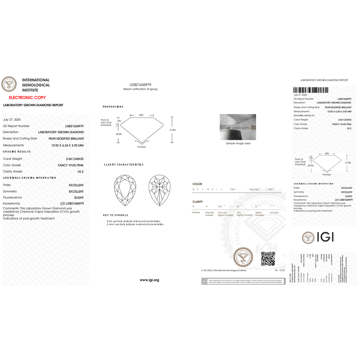 Complete original IGI report LG821636979 for a 2.04 ct Fancy Vivid Pink VS2 pear-cut lab-grown diamond, centered on a square white canvas.