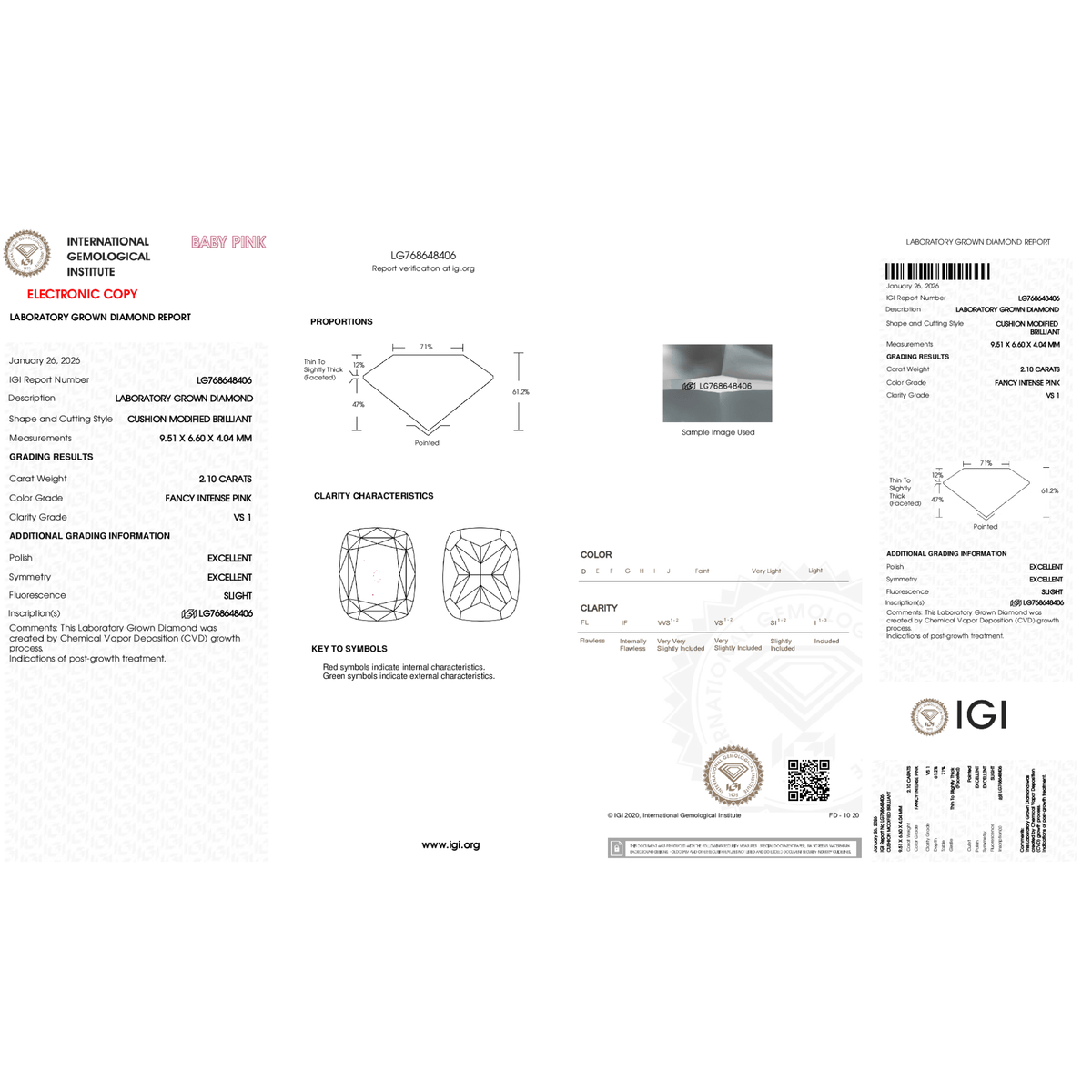 Complete IGI report LG768648406 for a 2.10 ct Fancy Intense Pink VS1 cushion-cut lab-grown diamond, displayed on a square white canvas.